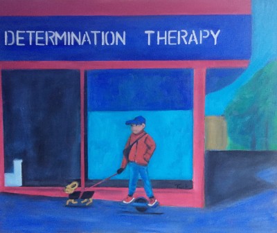 New York Cafe- Boy and dog on skates figurative painting for sale 2025